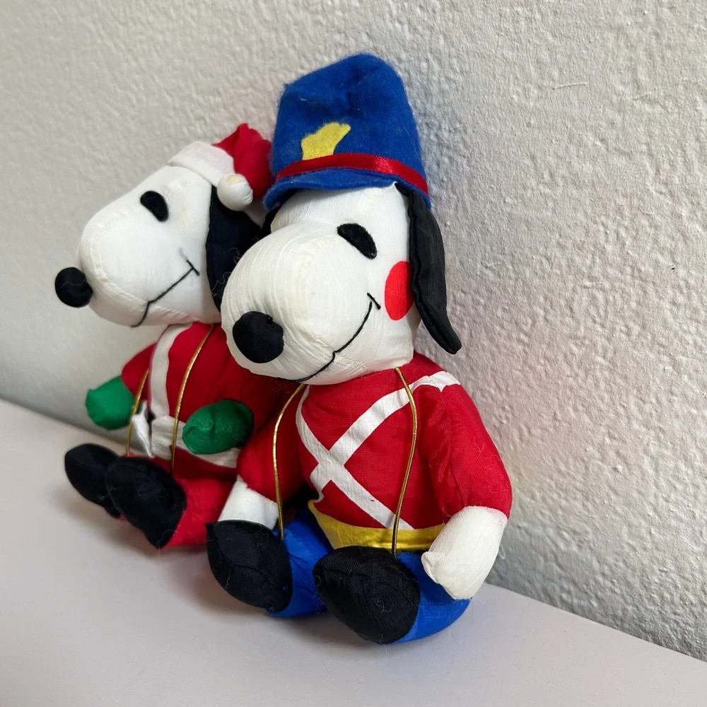 Vintage Snoopy Peanuts Christmas Tree Ornaments Plush set of two, Santa, Soldier